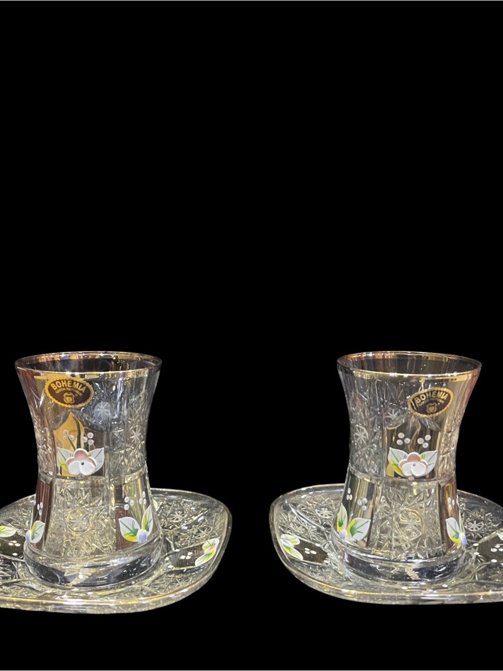 Bohemia Crystal Floral Turkish Tea Glass Pair - Clear